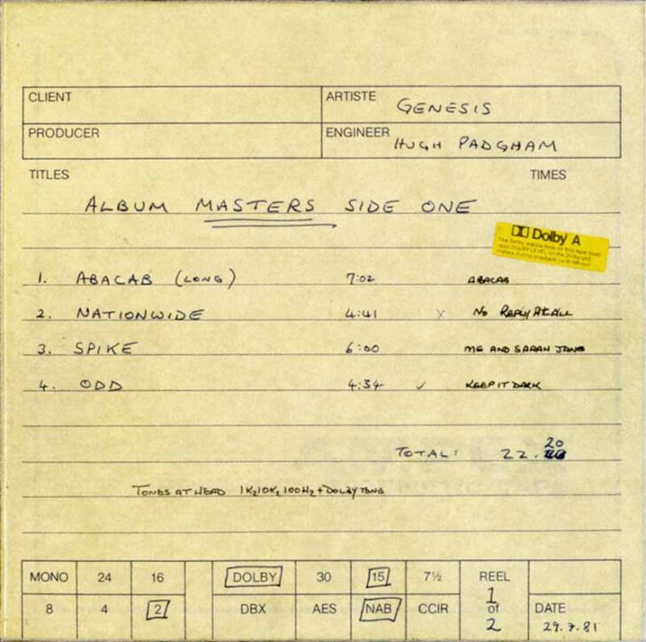 Genesis Abacab Master Tape