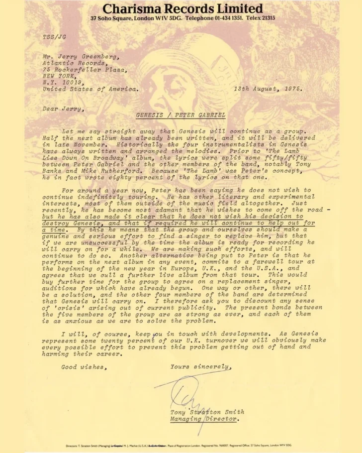 Brief von Tony Stratton-Smith an Atlantic Records